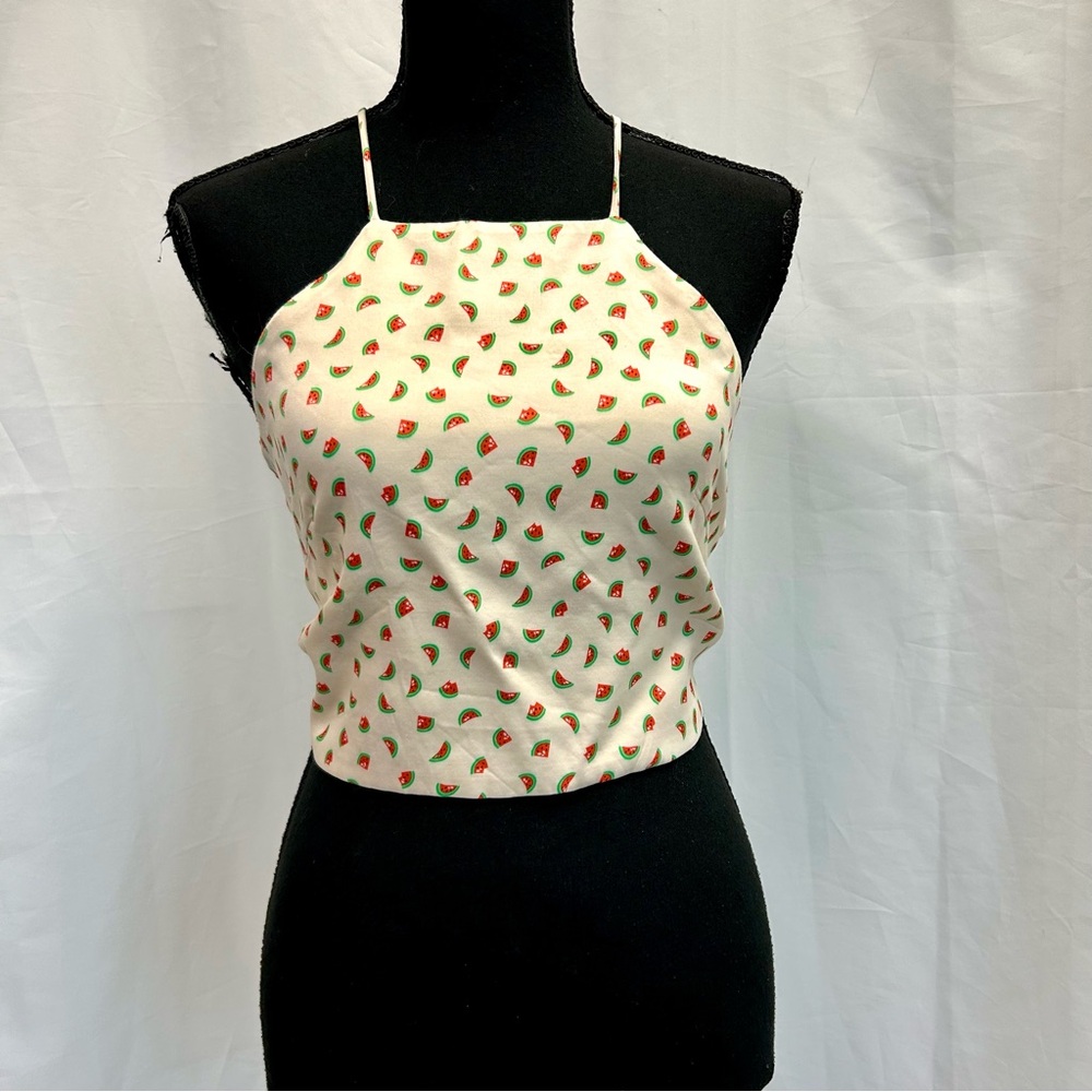 Zara cream watermelon print halter crop top open back lace up M summer festival - Picture 3 of 14